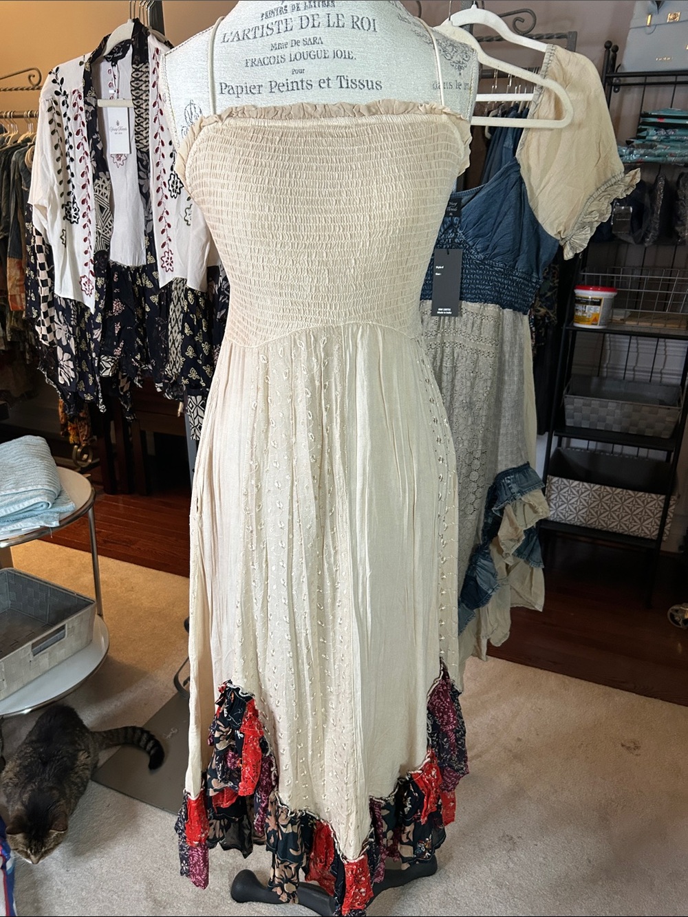 YOUNG THREADS NWT dress cream ruched adj spaghetti strap Small